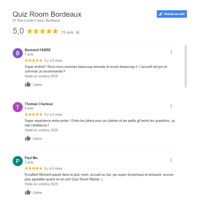 avis clients sur la salle de jeu quiz room bordeaux