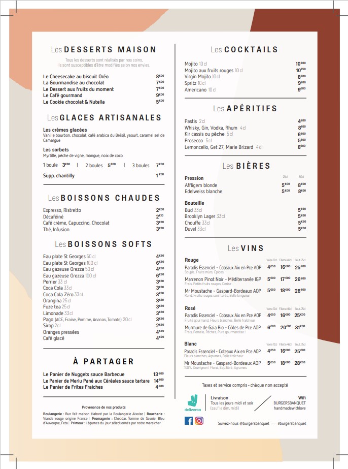 menu enfant, desserts et boissons du restaurant burger's banquet 13001 marseille
