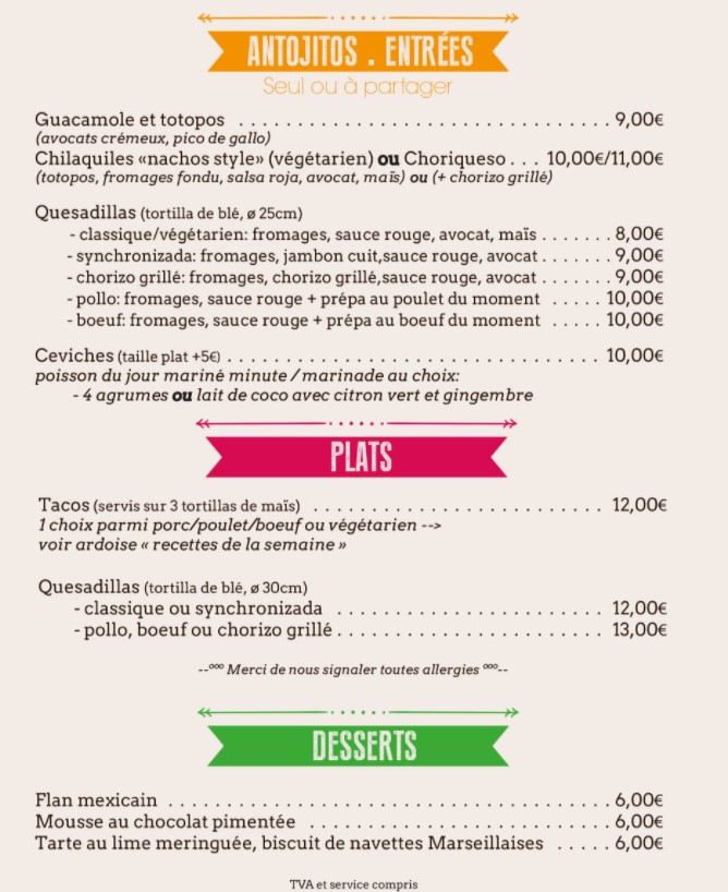 menu restaurant Taqueria LoKa à Marseille