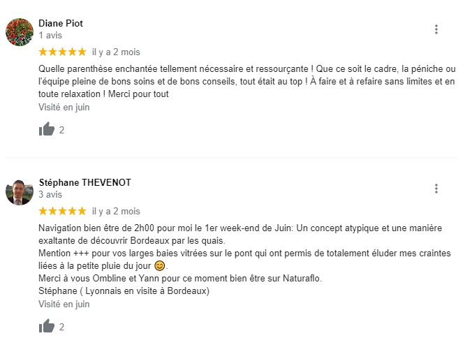 avis clients sur les cours de yoga sur le bateau péniche Naturaflo à Bordeaux