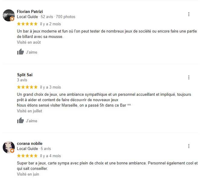avis clients sur e Bar à Jeux Baraka Jeux 13006 Marseille