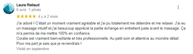 avis sur l'institut de massage, Massages By Coralie à Marseille