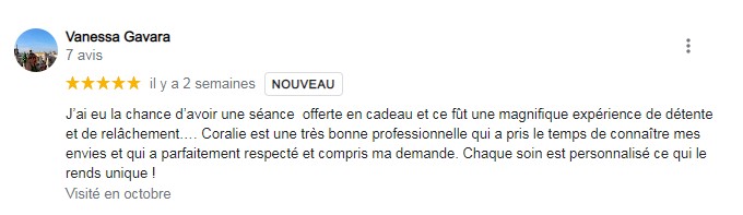 avis sur l'institut de massage, Massages By Coralie à Marseille