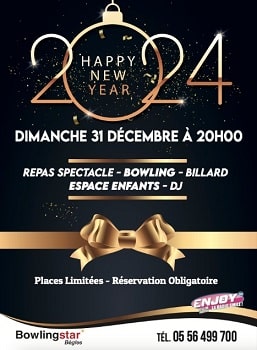 Dîner spectacle et soirée dansante pour le Nouvel An 2024 au Bowlingstar à Bègles (33130)